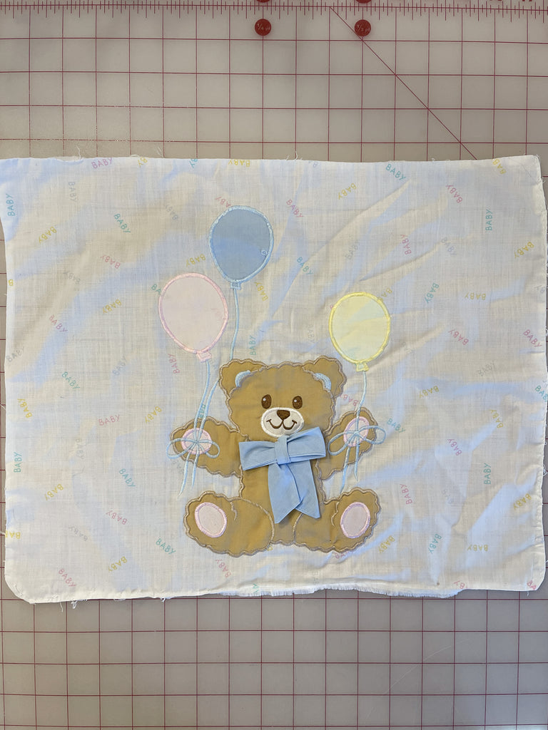 Salvaged Pillow Case Top with Appliqué Vintage - White with Teddy Bear and Balloons