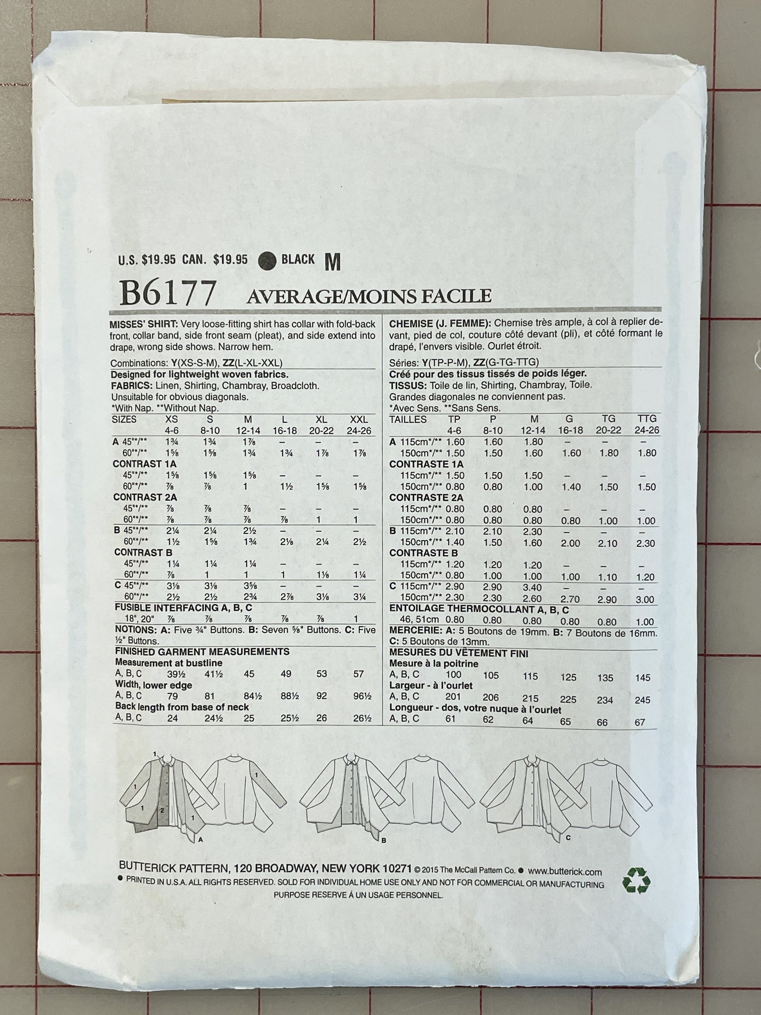 2015 Butterick 6177 Pattern - Shirt FACTORY FOLDED