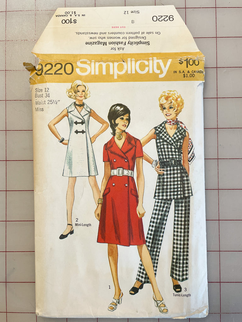 1970 Simplicity 9220 Pattern - Dress, Tunic and Pants FACTORY FOLDED