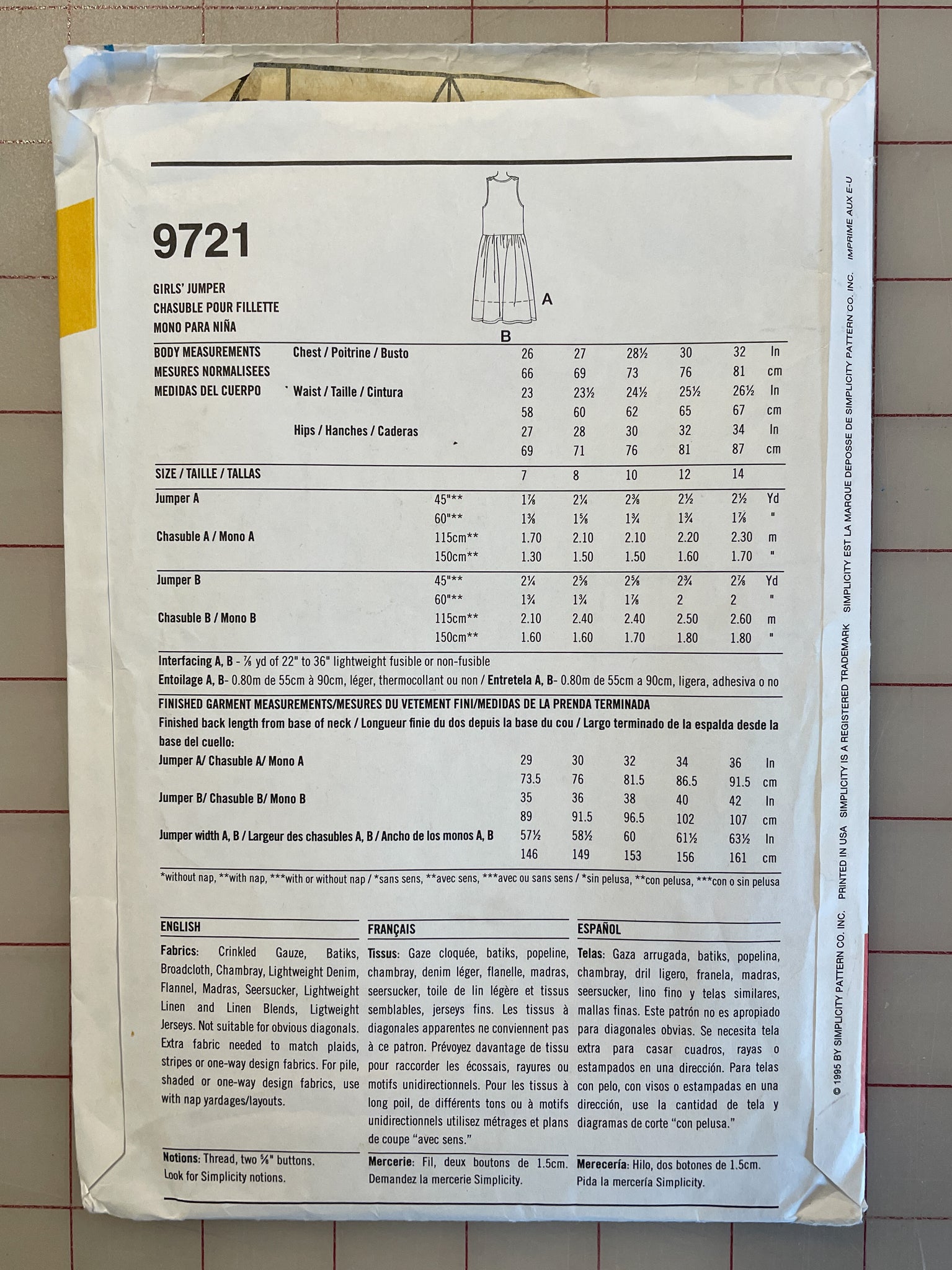 SALE 1995 Simplicity 9721 Pattern - Girl's Jumper