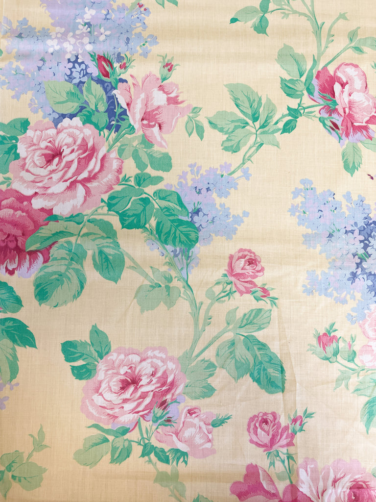 Poly/Cotton Vintage - Pink Roses and Blue Wisteria on Yellow