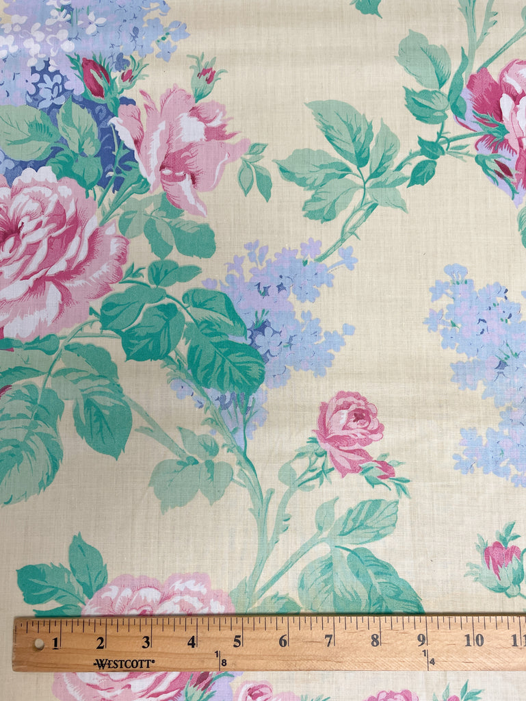 Poly/Cotton Vintage - Pink Roses and Blue Wisteria on Yellow