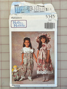 1991 Butterick 5345 Pattern - Children's Dress, Jumpsuit, Hat and Matching Doll Clothes FACTORY FOLDED