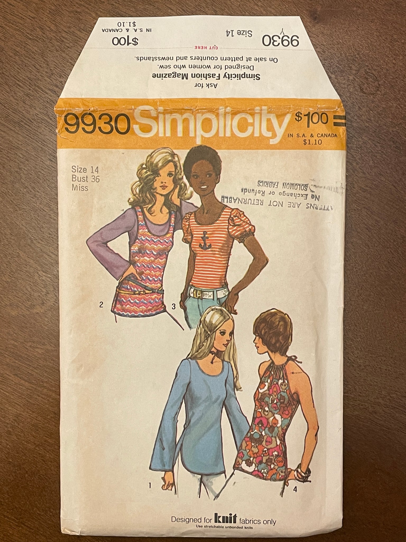 1972 Simplicity 9930 Pattern - Women's Tops FACTORY FOLDED