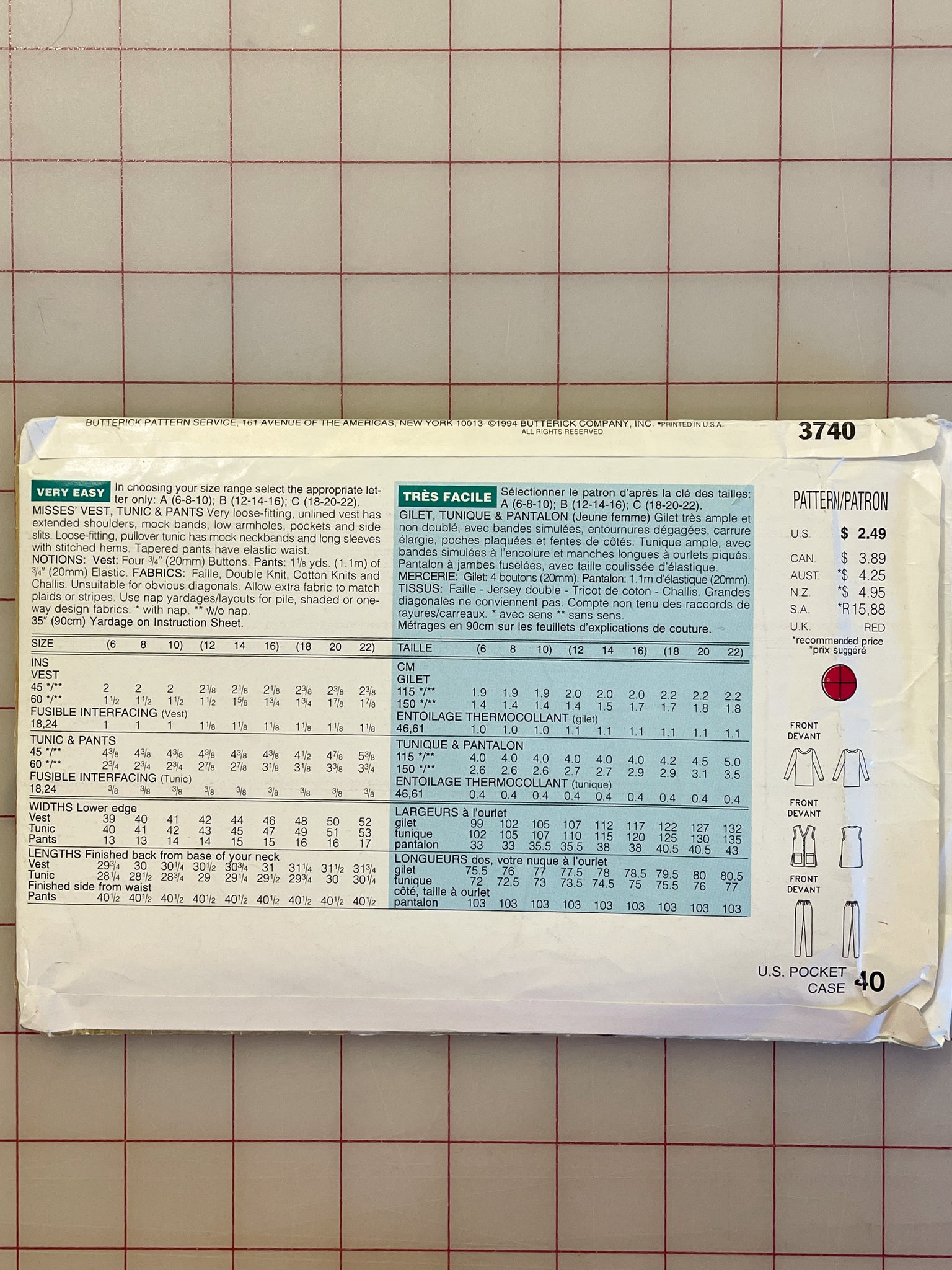 SALE 1994 See & Sew 3740 Pattern - Women's Vest, Tunic and Pants FACTORY FOLDED