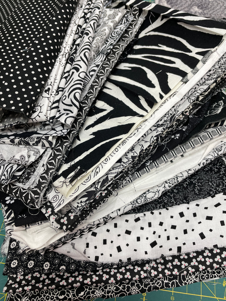 Quilting Cotton Mystery Scrap Remnant Bundle - Black and White Prints 1 POUND