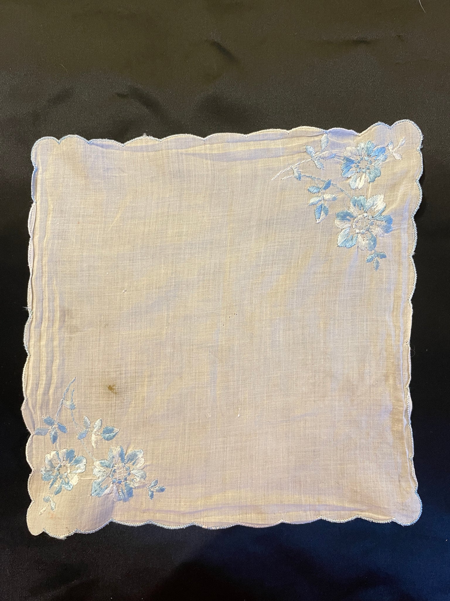 SALE Handkerchief Vintage Cotton Voile - White with Variegated Blue Embroidered