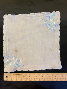 Handkerchief Vintage Cotton Voile - White with Variegated Blue Embroidered