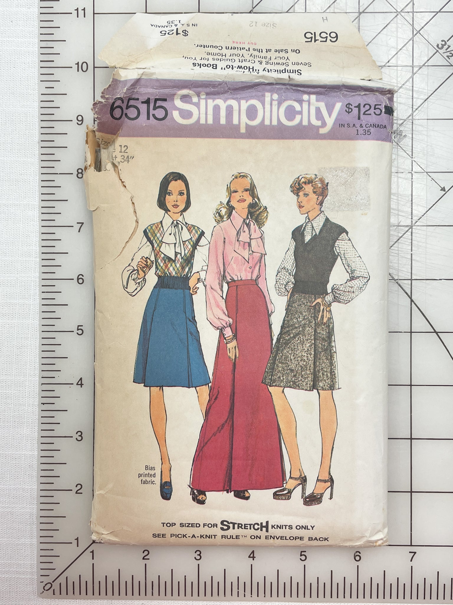 1974 Simplicity 6515 Pattern - Women's Knit Skirt, Pullover Top, Blouse and Scarf