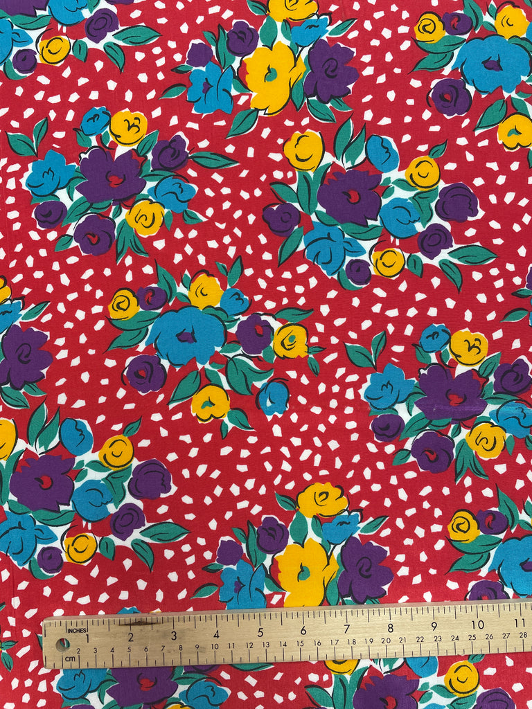 Polyester Vintage - Red with White Dots and Purple and Yellow Flowers