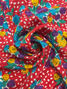Polyester Vintage - Red with White Dots and Purple and Yellow Flowers
