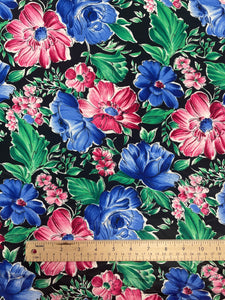 Polyester Vintage - Pink and Blue Flowers on Black