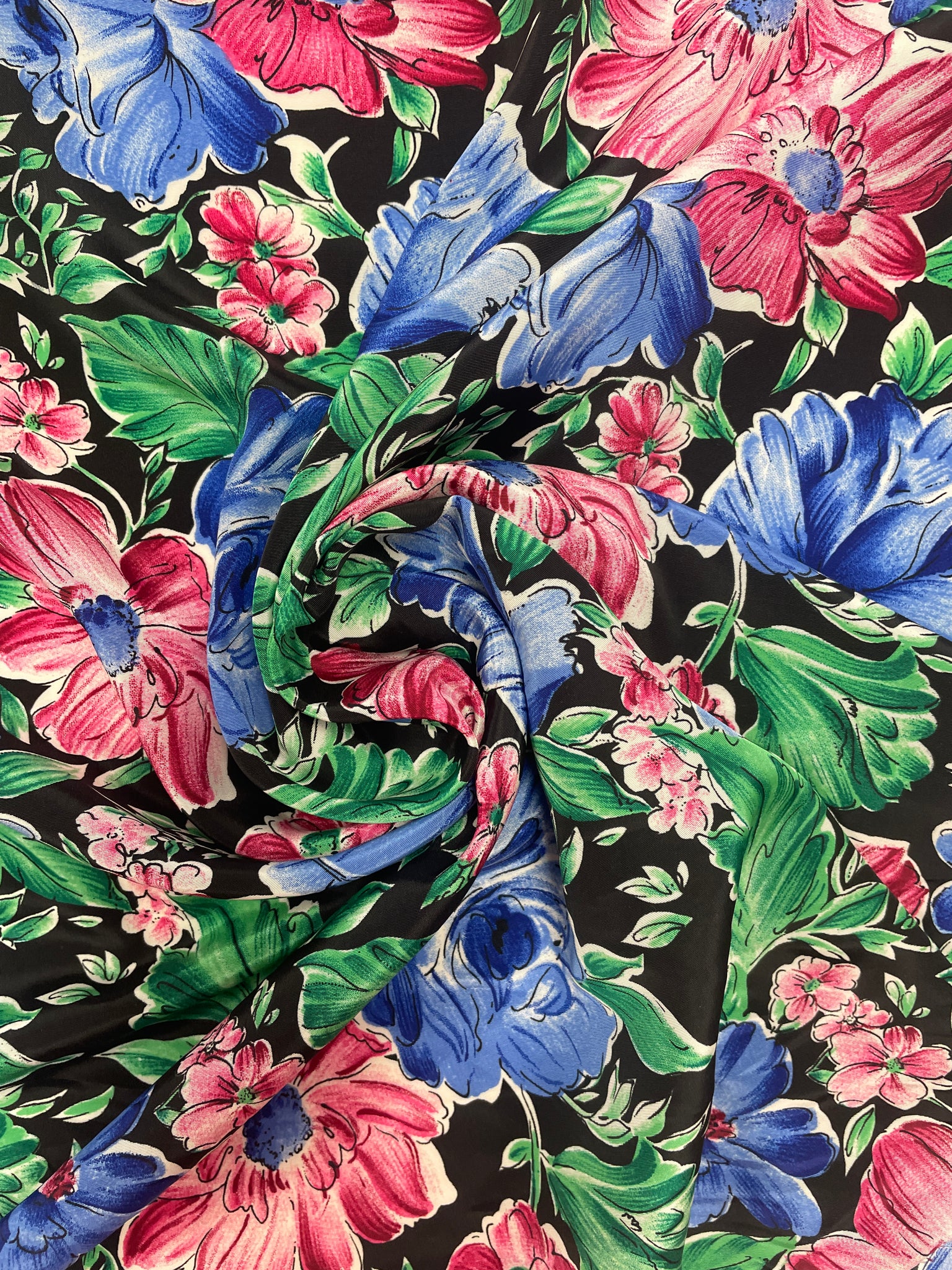 Polyester Vintage - Pink and Blue Flowers on Black