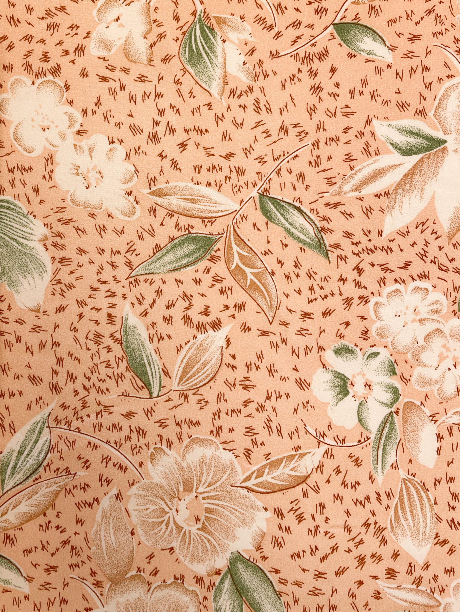SALE Polyester - Dusty Peach with Tan, Off White and Green Flowers