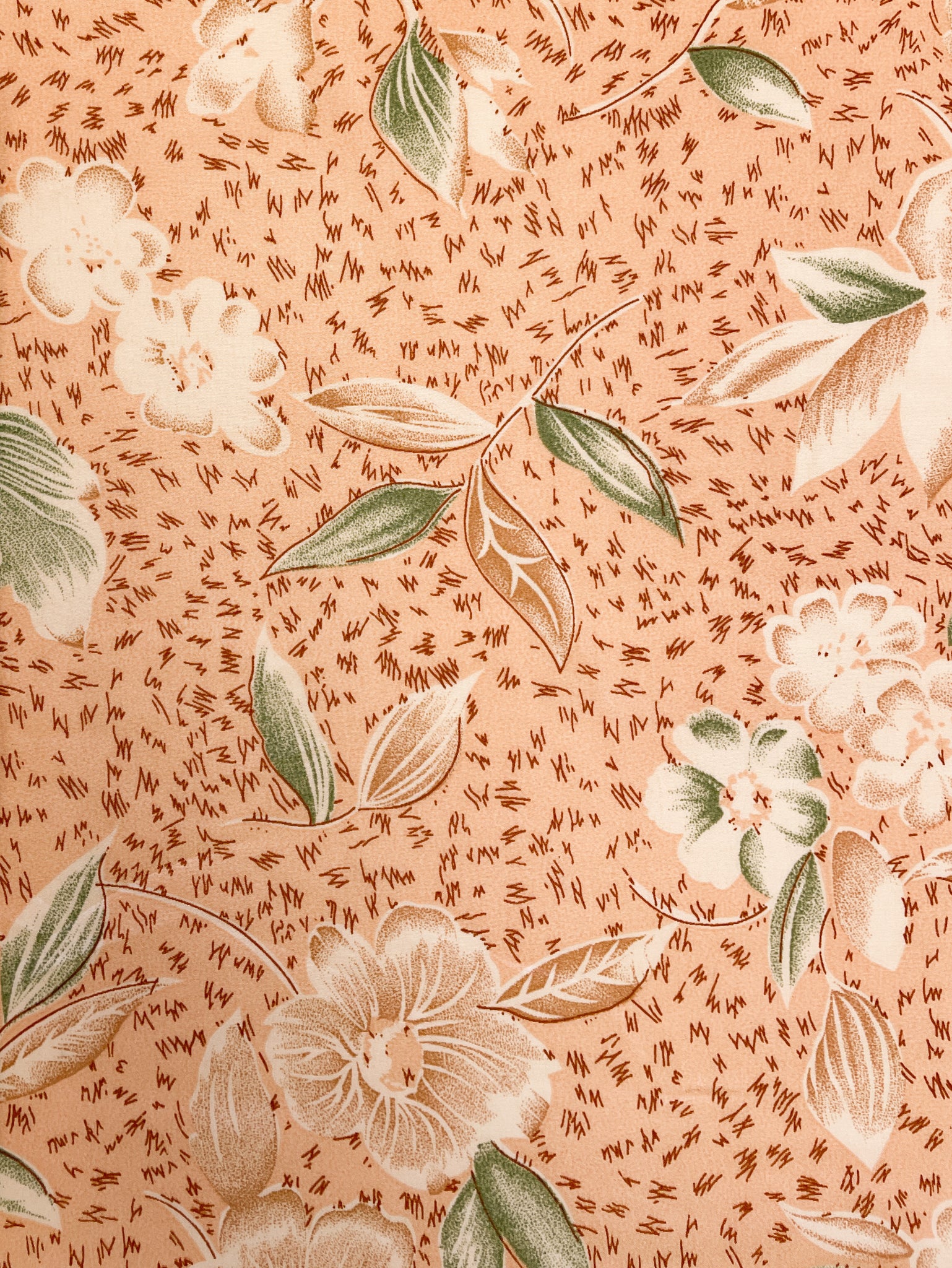 Polyester - Dusty Peach with Tan, Off White and Green Flowers