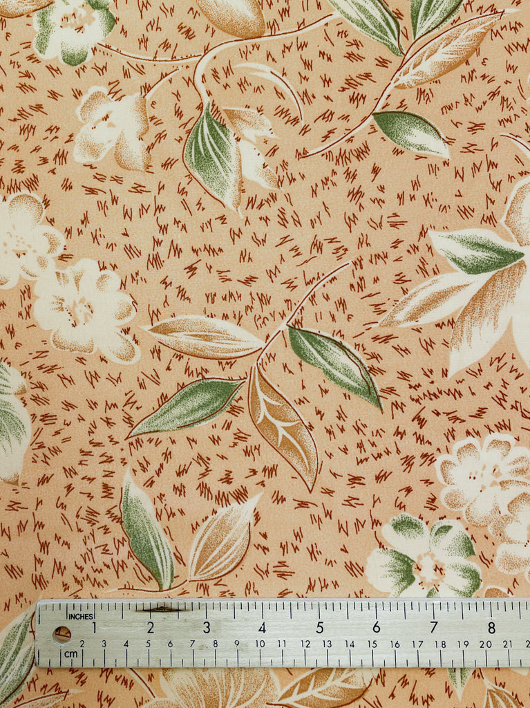 Polyester - Dusty Peach with Tan, Off White and Green Flowers