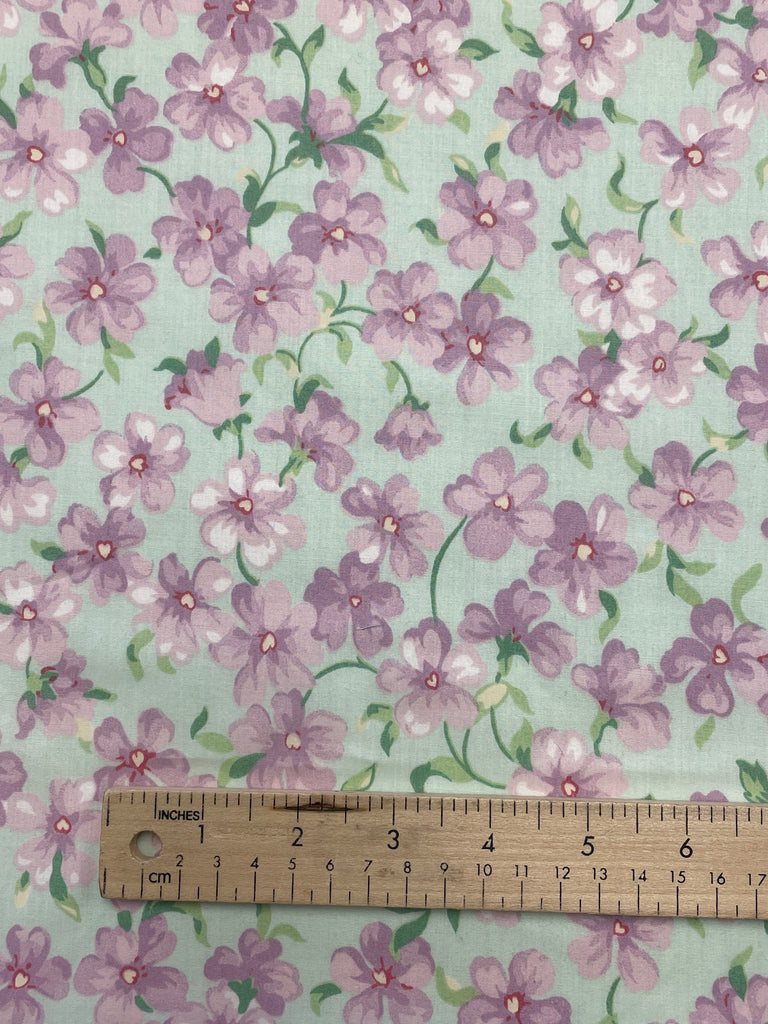 Poly Cotton - Mint Green with Purple Flowers