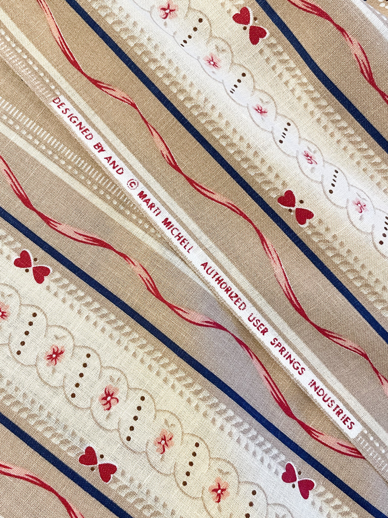 Quilting Cotton - Tan and Cream Stripes with Flowers, Hearts and Ribbons