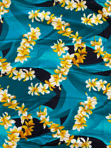 1 1/4 YD Rayon - Teal with Cream and Yellow Plumeria Flowers