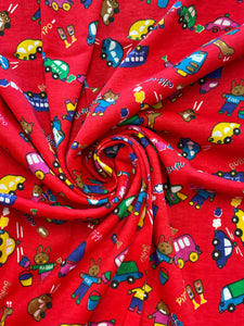 1 YD Cotton Knit Vintage - Red with Cartoon Animals and Cars