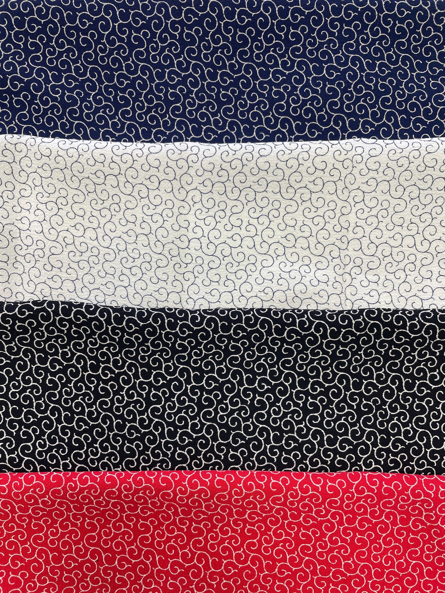 Viscose Crepe Swatch Bundle Vintage - Navy Blue, Red, White and Black with Swirls