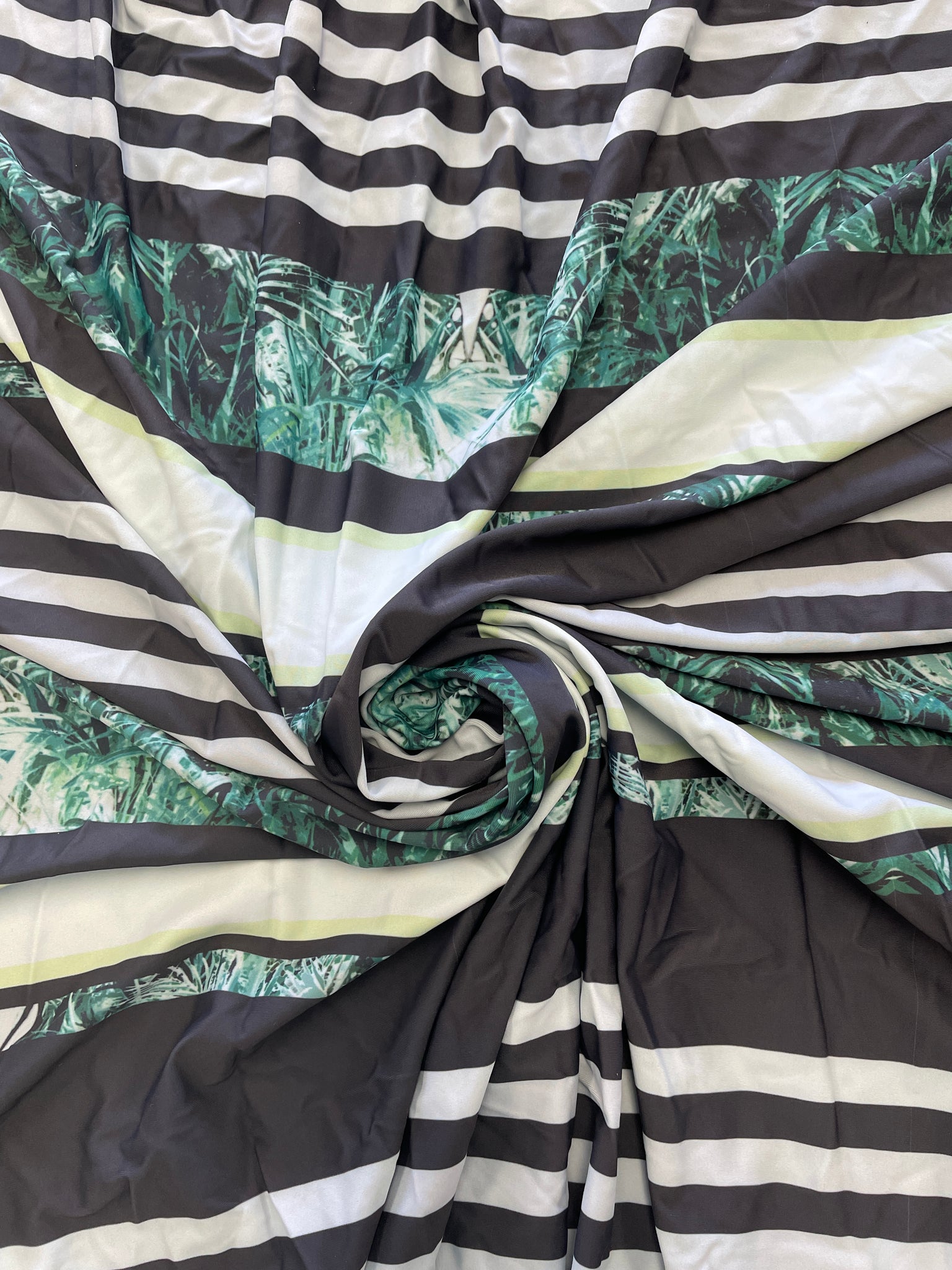 Polyester Printed Spandex - Black, Pale Gray and Palm Leaves