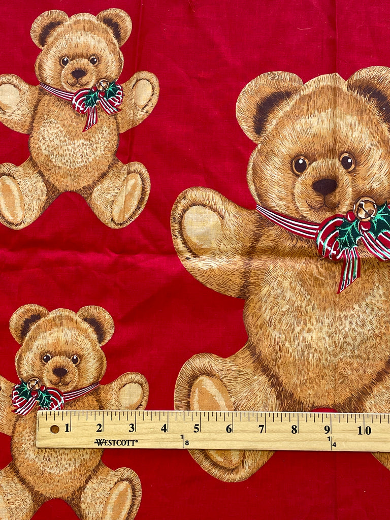 1/2 YD Quilting Cotton Appliqués - Christmas Teddy Bears on Red