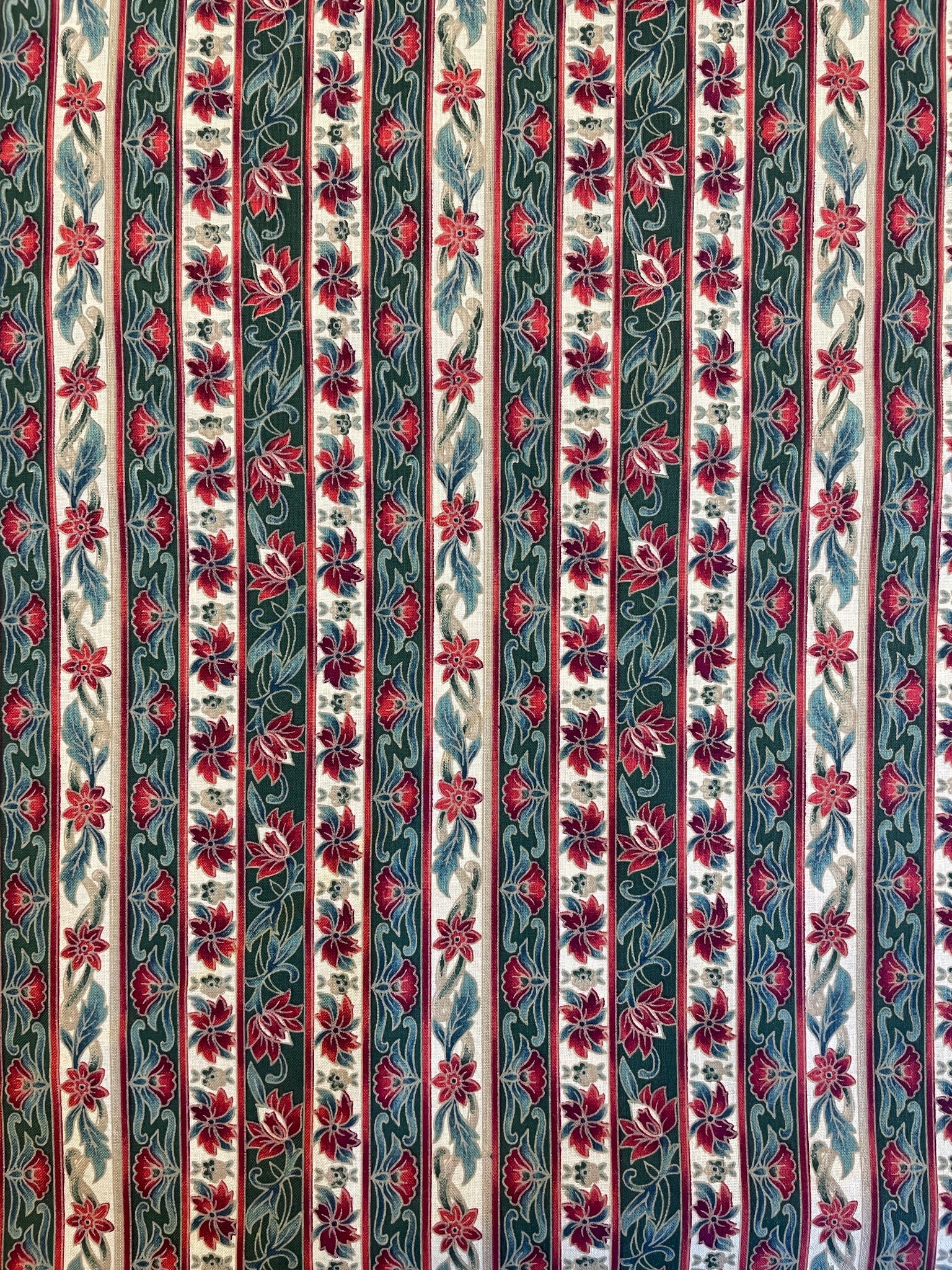 SALE Quilting Cotton Vintage - Green and Red Floral Stripes