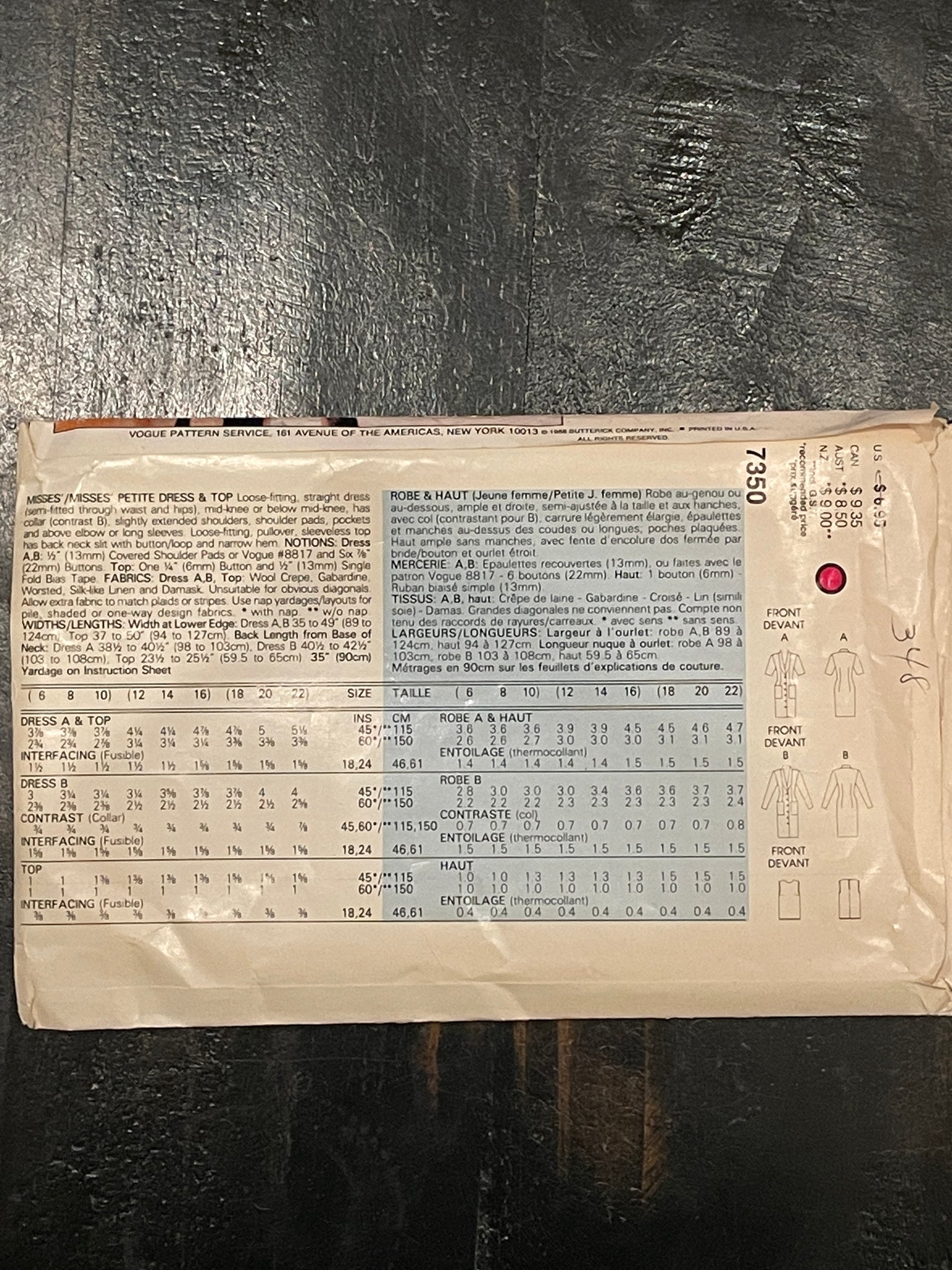 SALE 1988 Vogue 7350 Pattern - Dress and Top