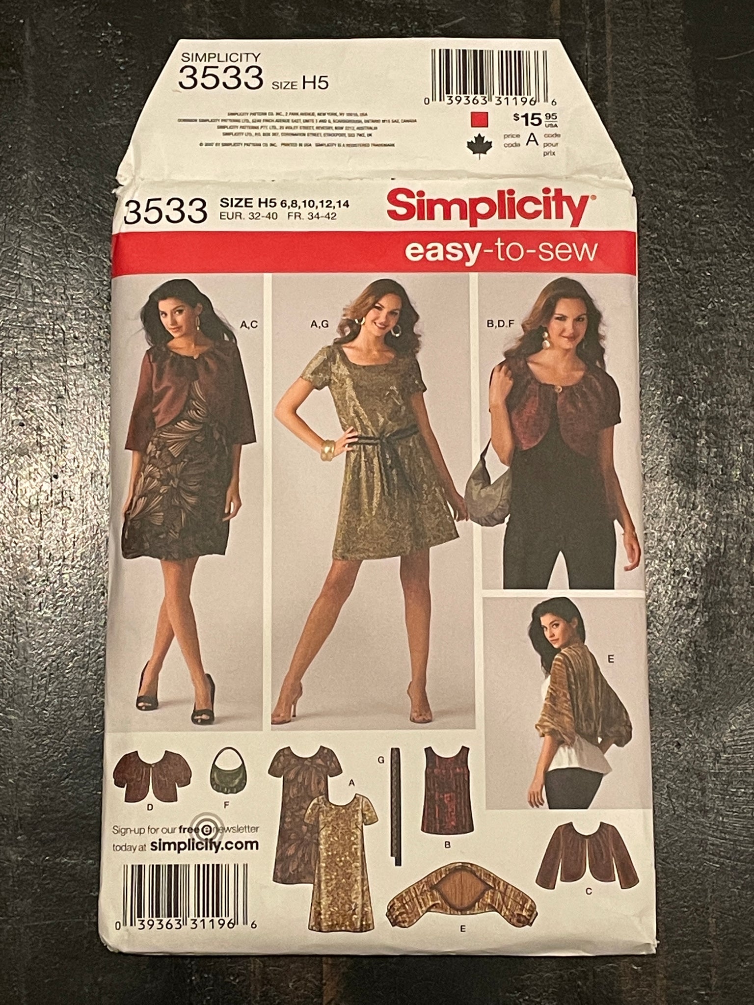 2007 Simplicity 3533 Pattern - Dress, Top, Jacket, Shrug, Bag and Belt FACTORY FOLDED