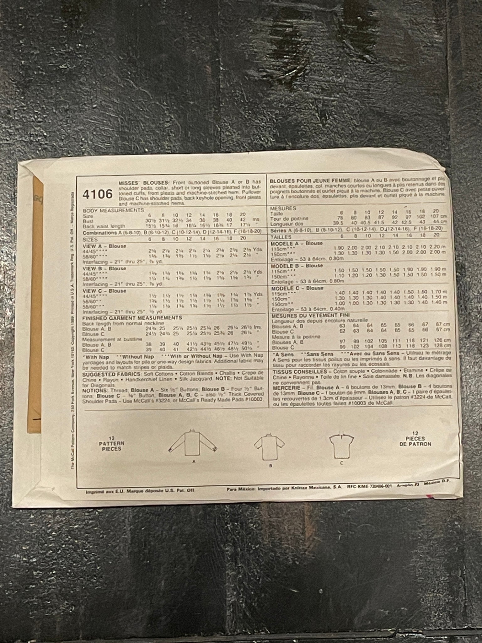 SALE 1989 McCall's 4106 Pattern - Blouses FACTORY FOLDED