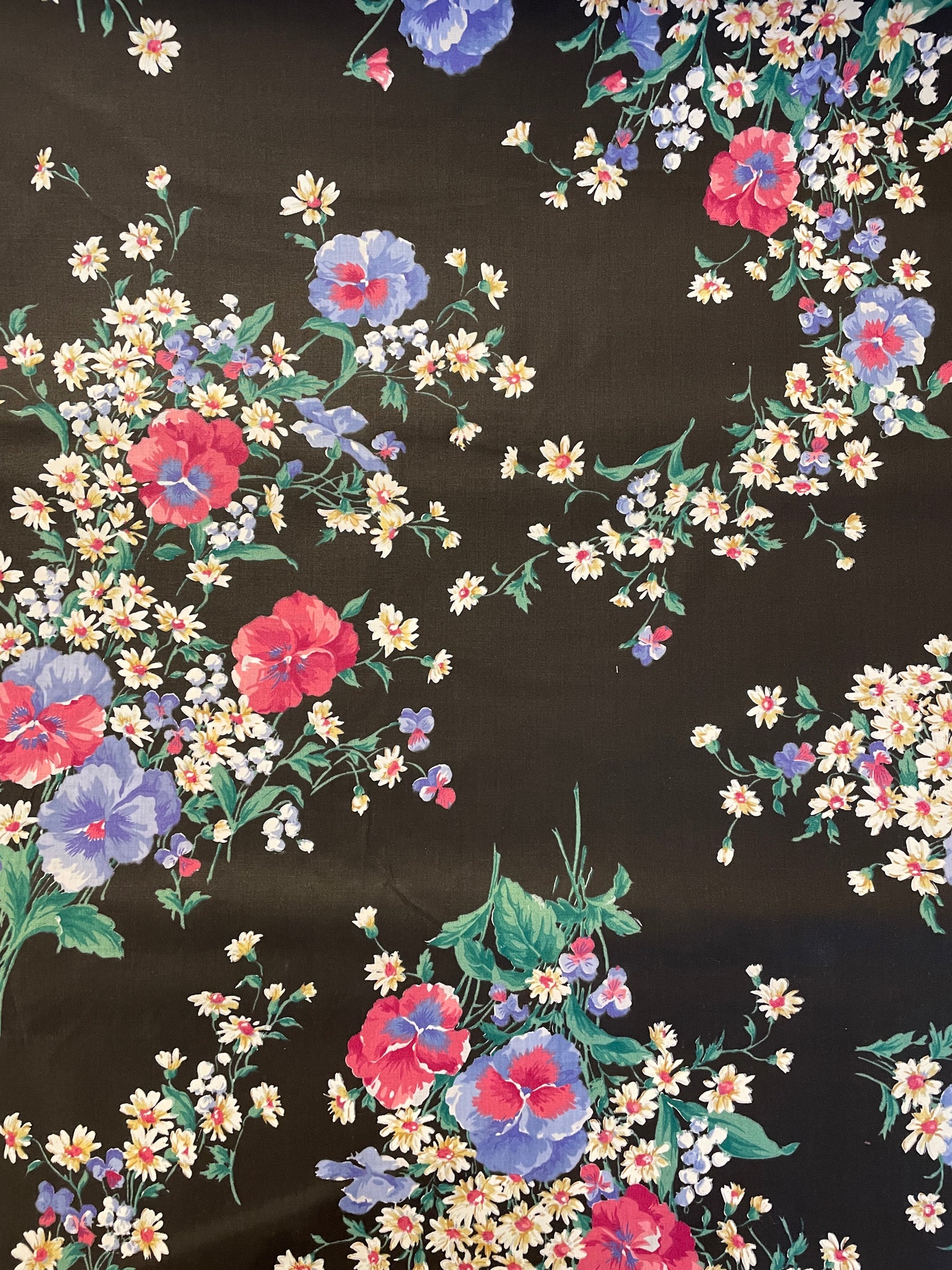 SALE Poly Cotton Vintage - Black with Pansies and Daisies