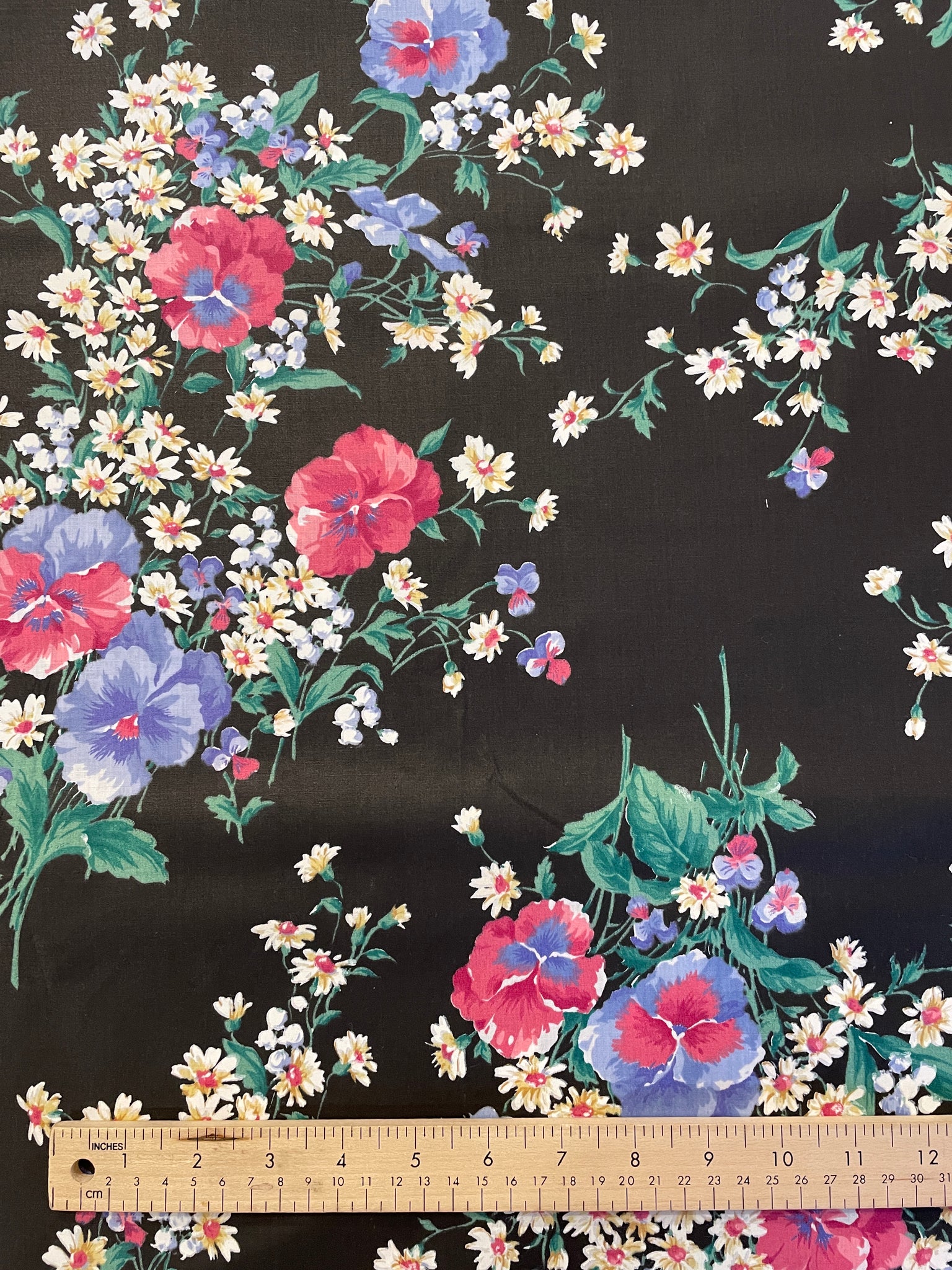 SALE Poly Cotton Vintage - Black with Pansies and Daisies