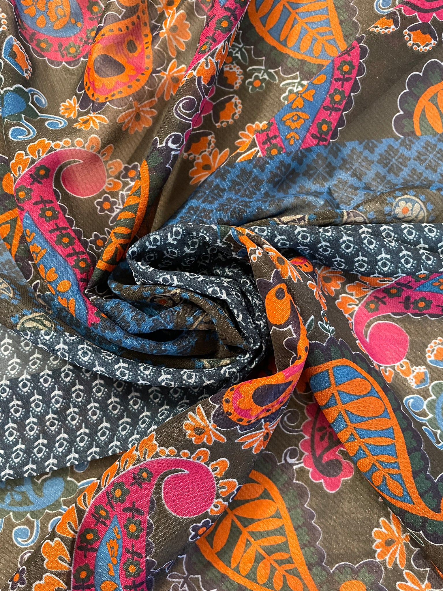 SALE 4 YD Polyester Chiffon Paisley & Floral Print - Black with Burgundy, Orange and Blue