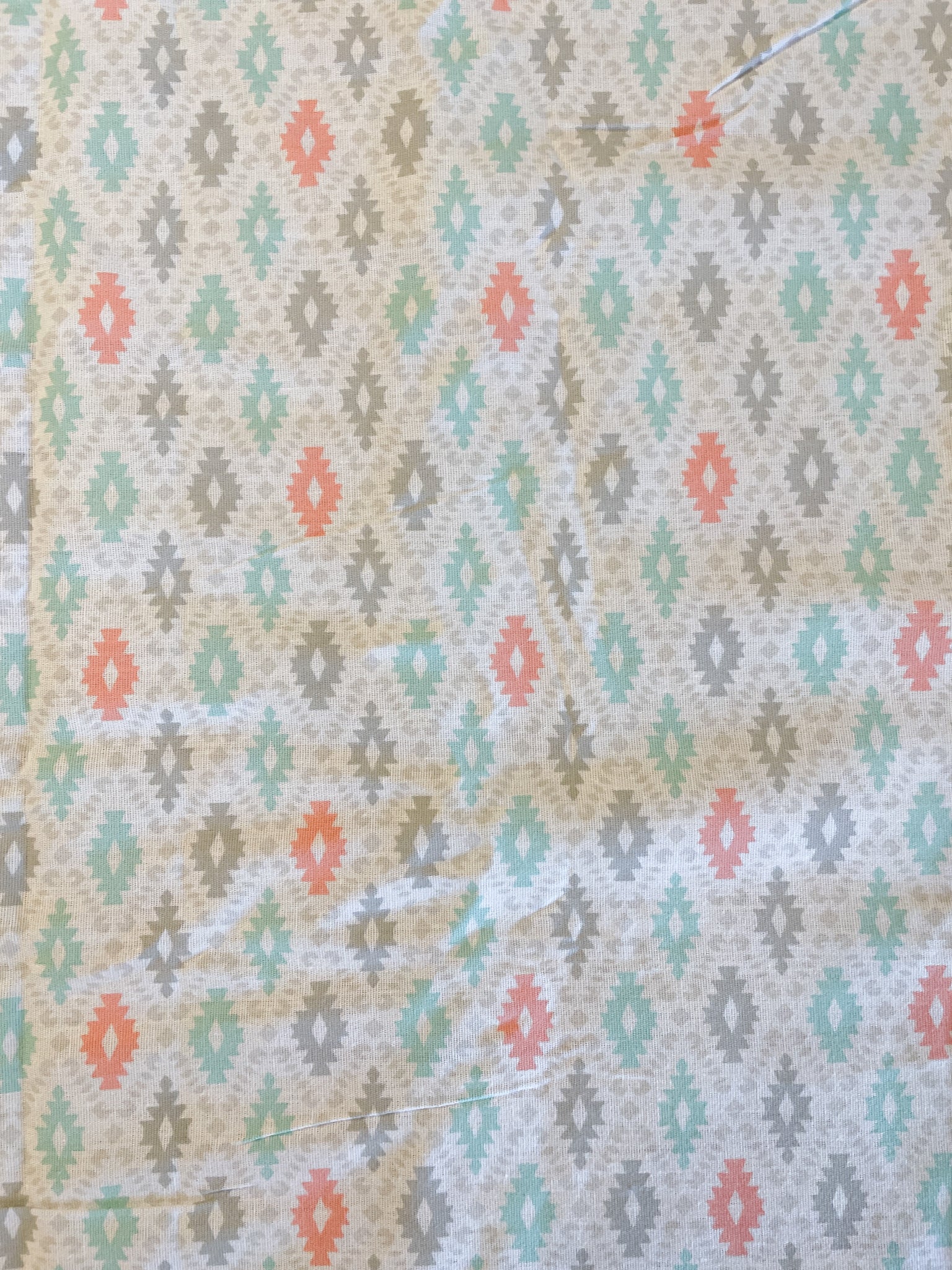 SALE 2 2/3 YD Poly Cotton Unused Bed Sheet - White with Gray, Aqua and Peach Southwestern Motifs