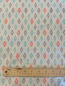 2 2/3 YD Poly Cotton Unused Bed Sheet - White with Gray, Aqua and Peach Southwestern Motifs