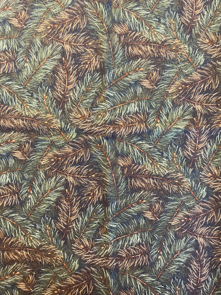 1/2 YD Cotton Flannel Remnant - Dark Green with Pine Branches