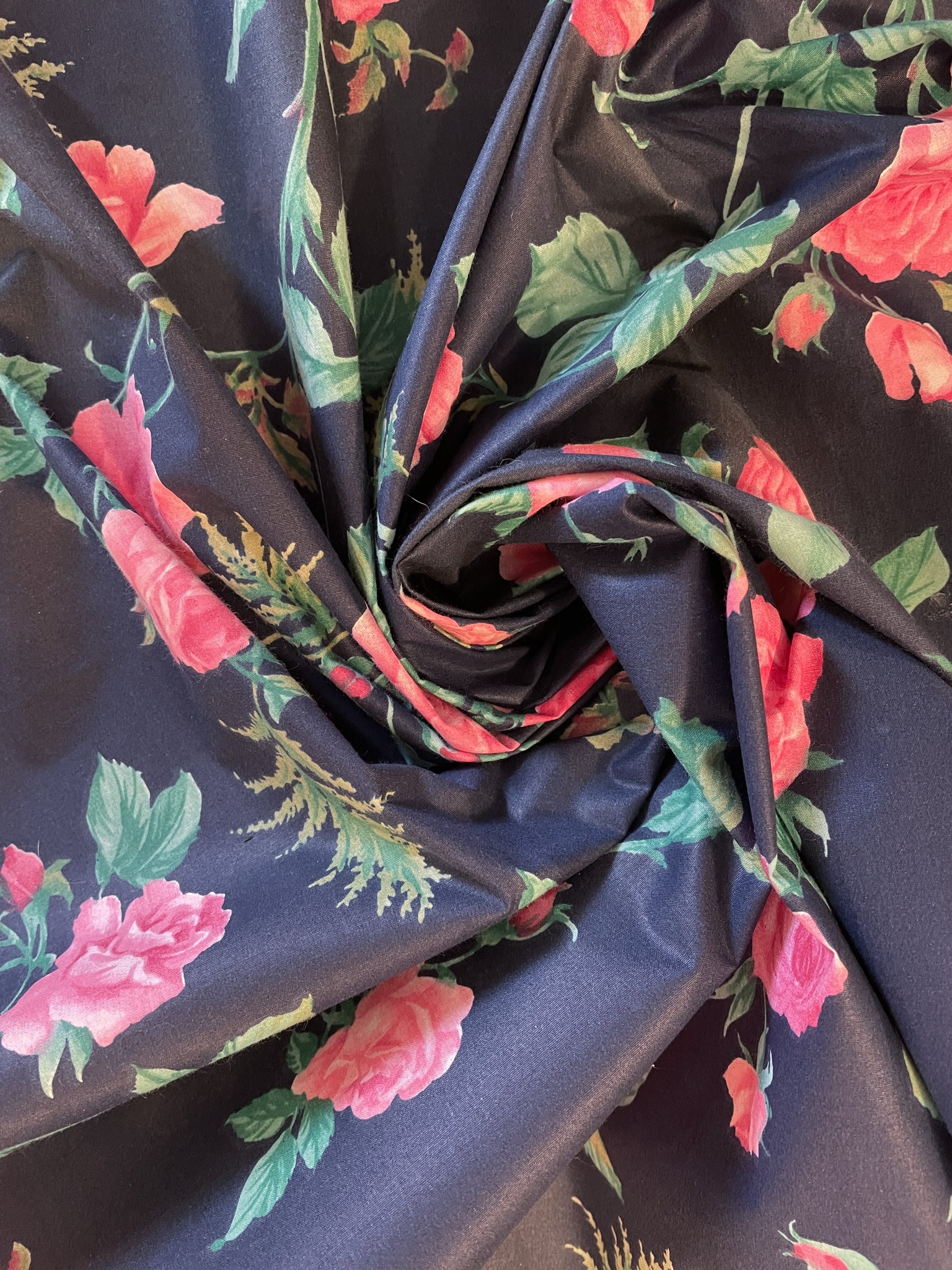 SALE Quilting Poly Cotton - Pink Roses on Navy Blue