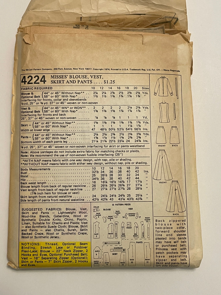 SALE 1974 McCall's Pattern 4224 - Blouse, Vest, Skirt and Pants – Lucky ...