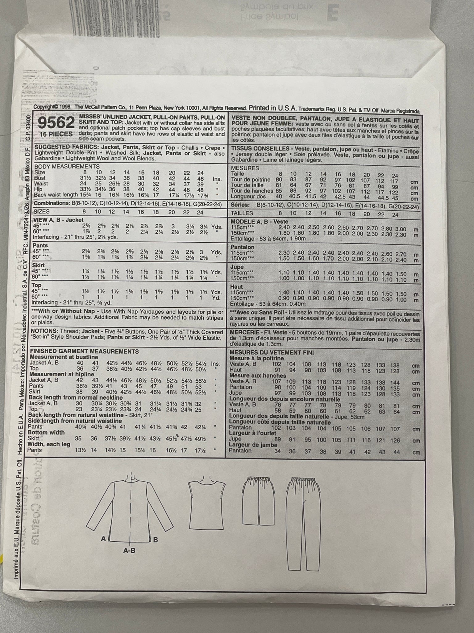 SALE 1998 McCall's 9562 Pattern: Jacket, Pants, Skirt & Top FACTORY FOLDED