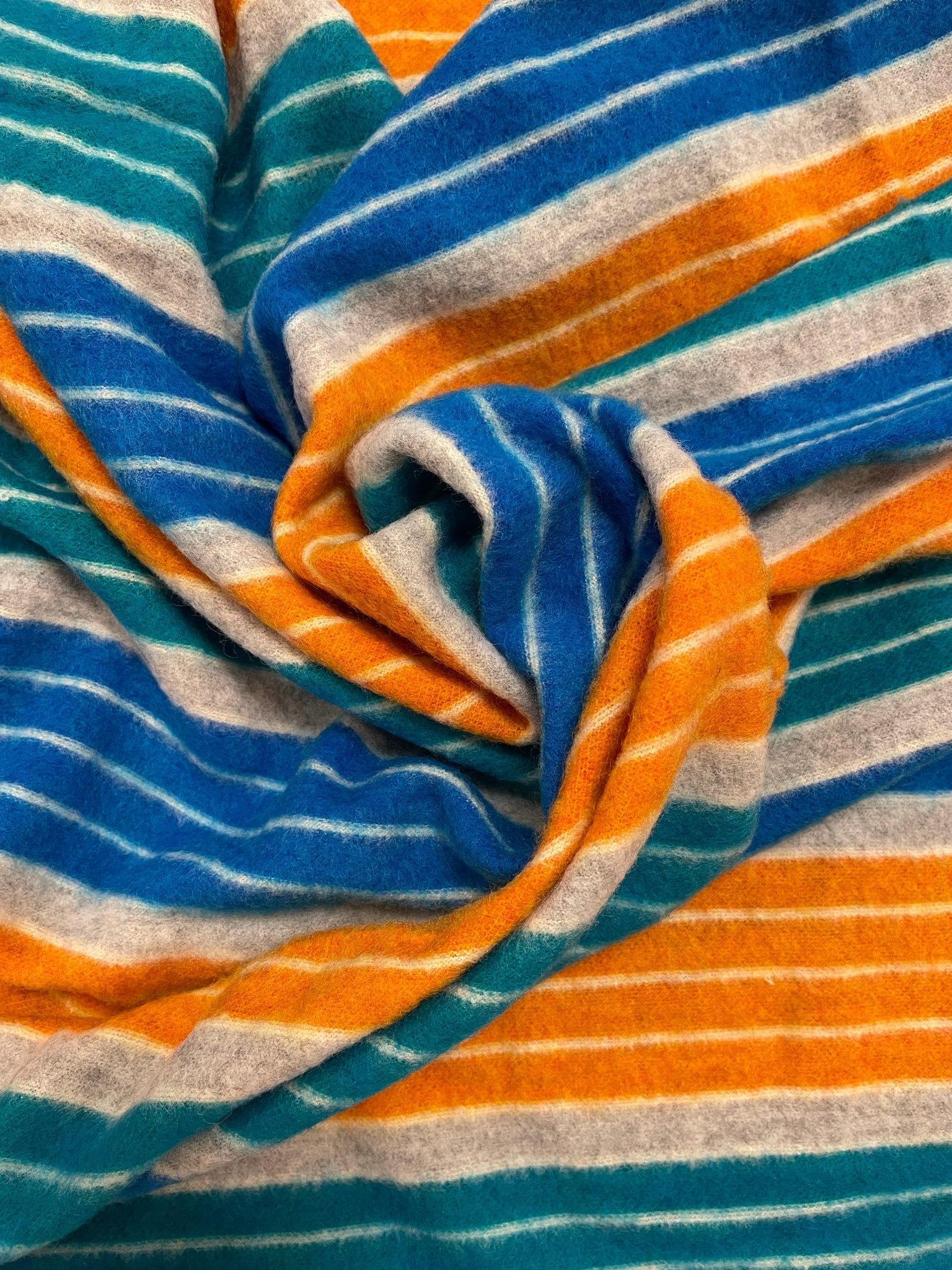 SALE 2 3/4 YD Vintage Polyester Brushed Knit - Blue, Golden Yellow, Teal & Gray Stripes