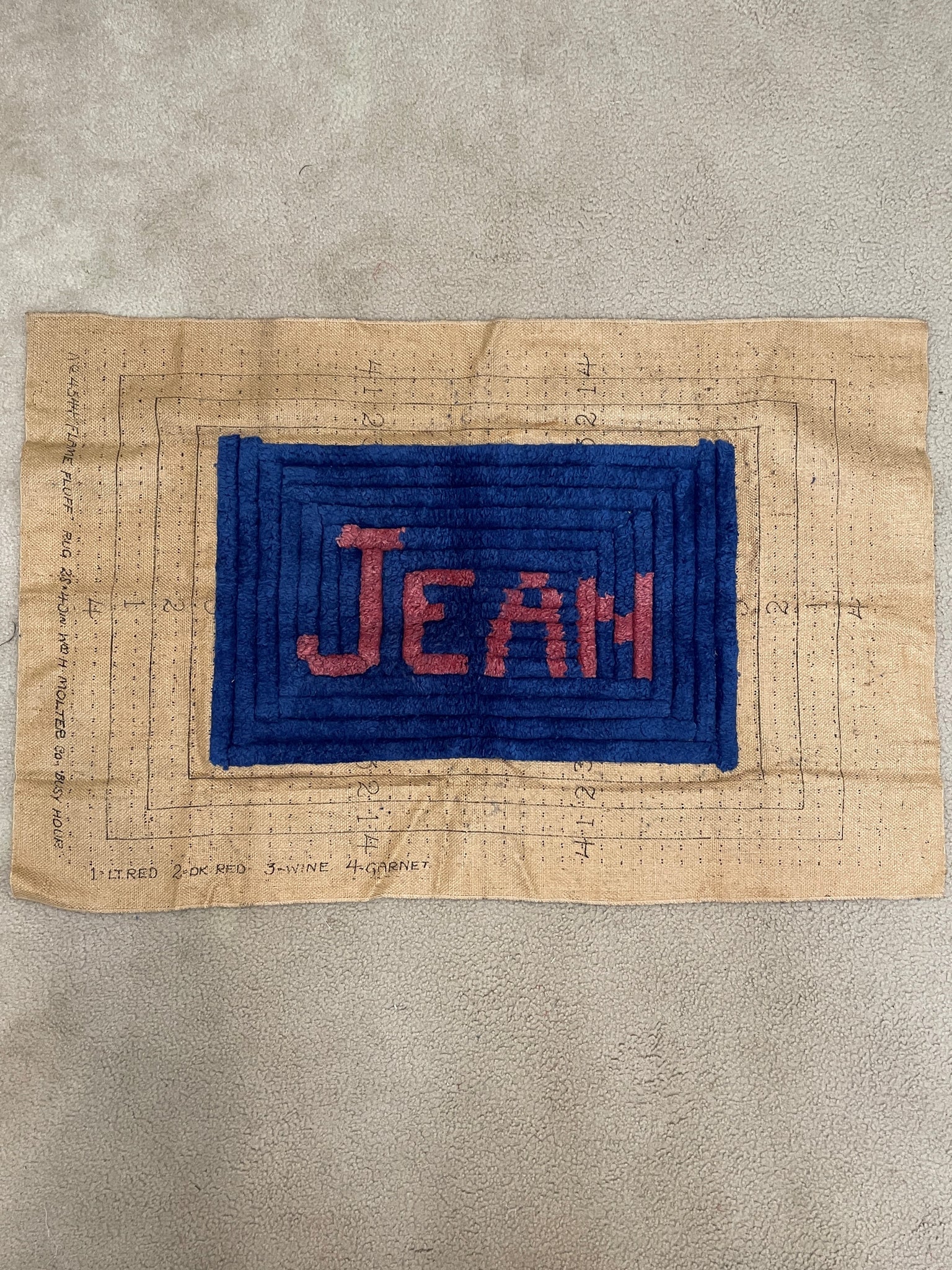 SALE Handmade Rug Vintage Abandoned - Burlap with "Jean"