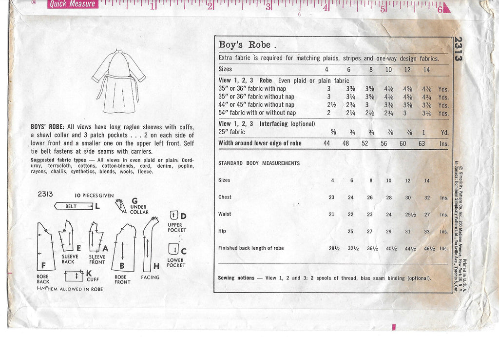1950's Simplicity 2313 Pattern - Boy's Robe