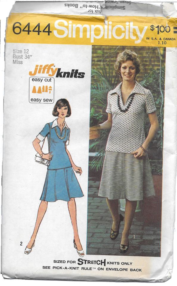 SALE 1974 Simplicity 6444 Pattern: Knit Top and Skirt FACTORY FOLDED