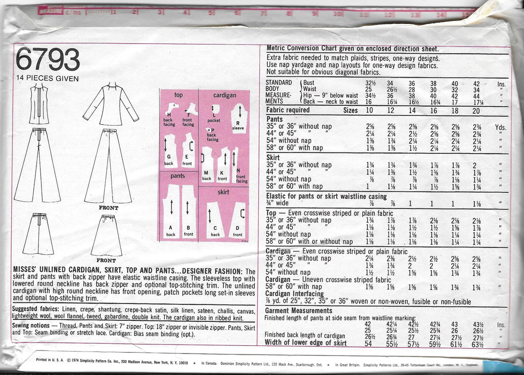 1974 Simplicity 6793 Pattern: Cardigan, Skirt, Top and Pants FACTORY FOLDED