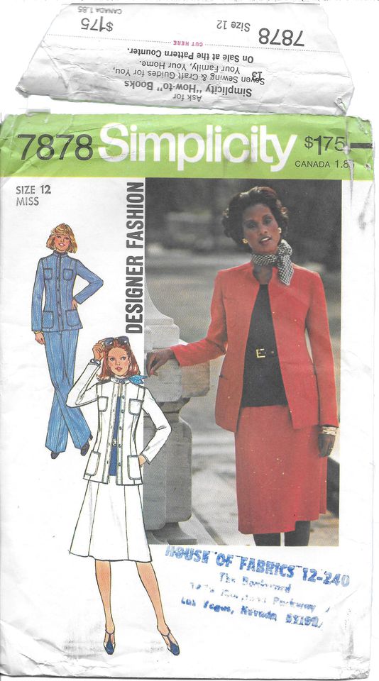 SALE 1977 Simplicity 7878 Pattern: Skirt and Jacket
