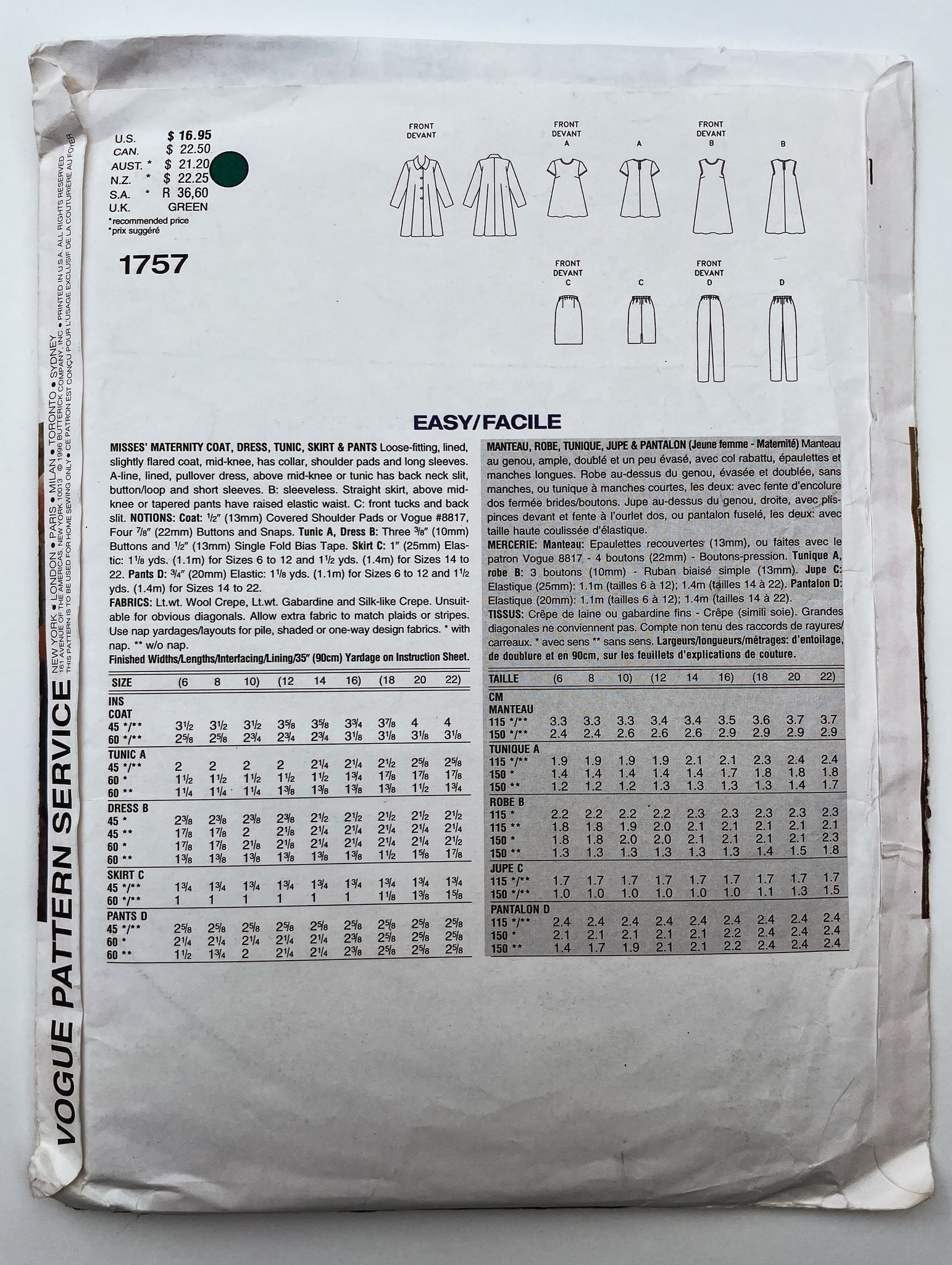 SALE 1996 Vogue Pattern 1757 - Maternity Separates FACTORY FOLDED